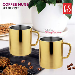 Fns Stainless Steel Coffee Mugs - Double Wall Bpa Free - Tea Cup Wide Handle - Gold Pack Of 2 Cups, 300 Milliliter - 300 Ml