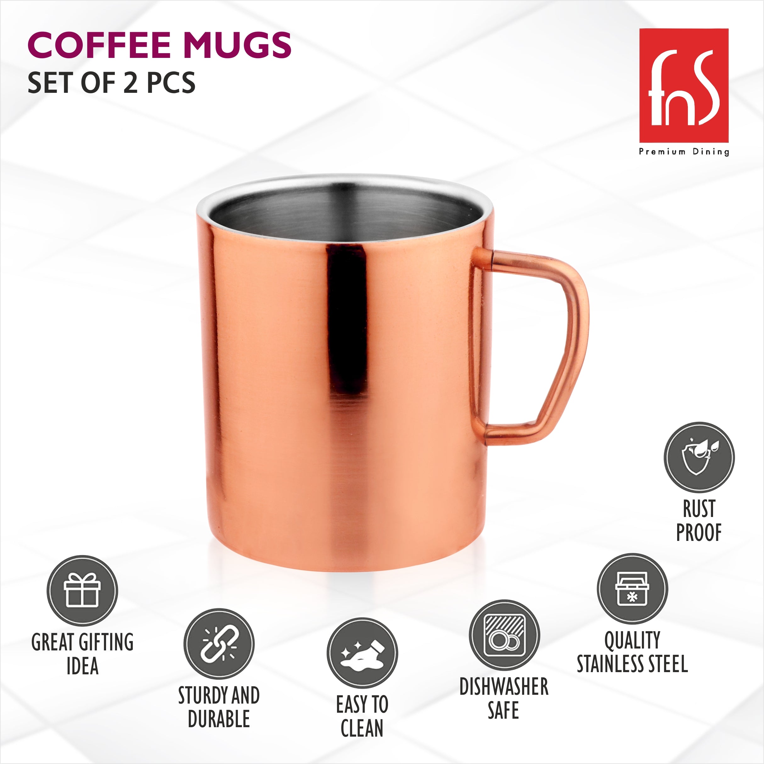 FNS Stainless Steel Coffee Mugs - Double Wall BPA Free - Tea Cup Wide Handle - Rose Gold Pack of 2 Cups