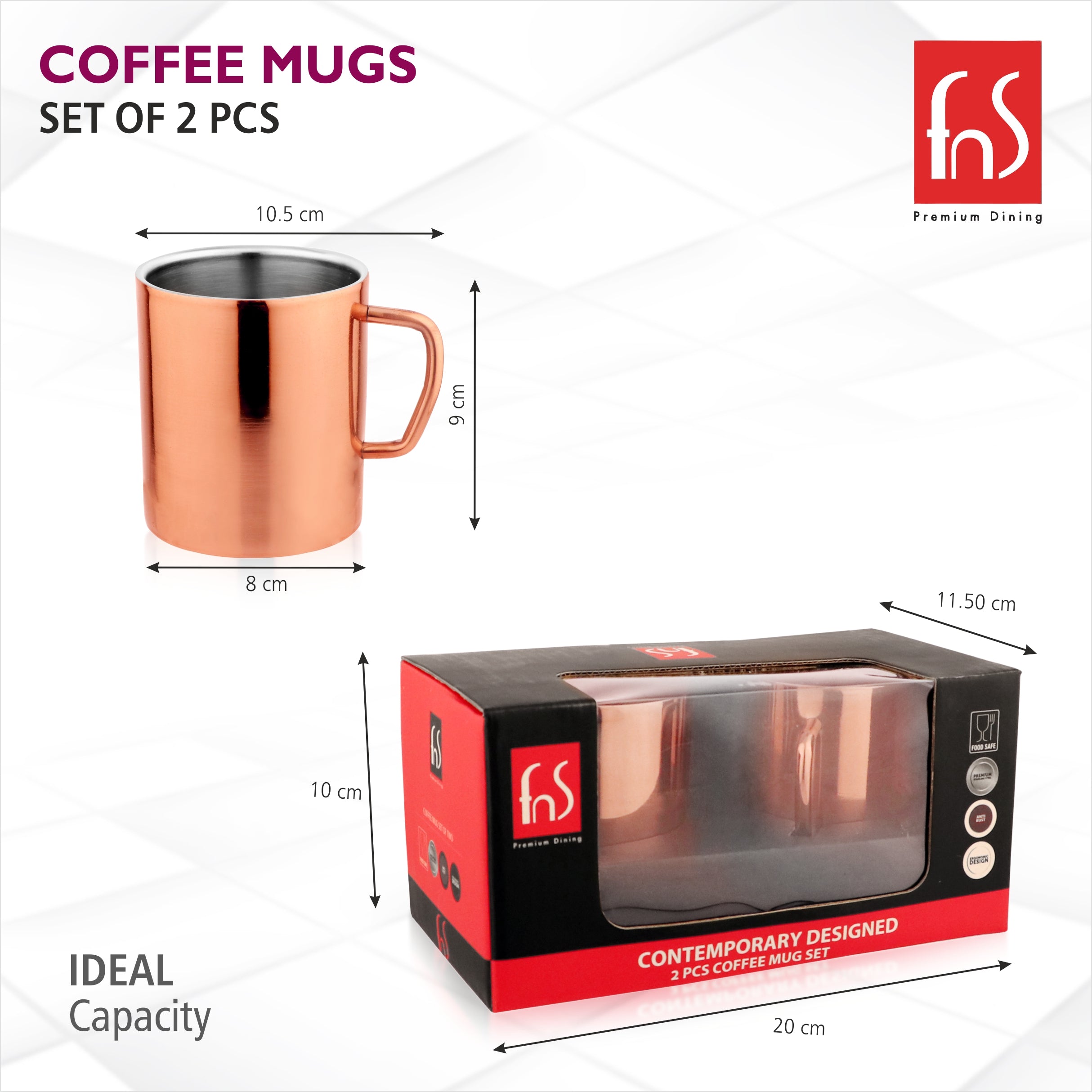 FNS Stainless Steel Coffee Mugs - Double Wall BPA Free - Tea Cup Wide Handle - Rose Gold Pack of 2 Cups