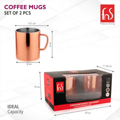 FNS Stainless Steel Coffee Mugs - Double Wall BPA Free - Tea Cup Wide Handle - Rose Gold Pack of 2 Cups