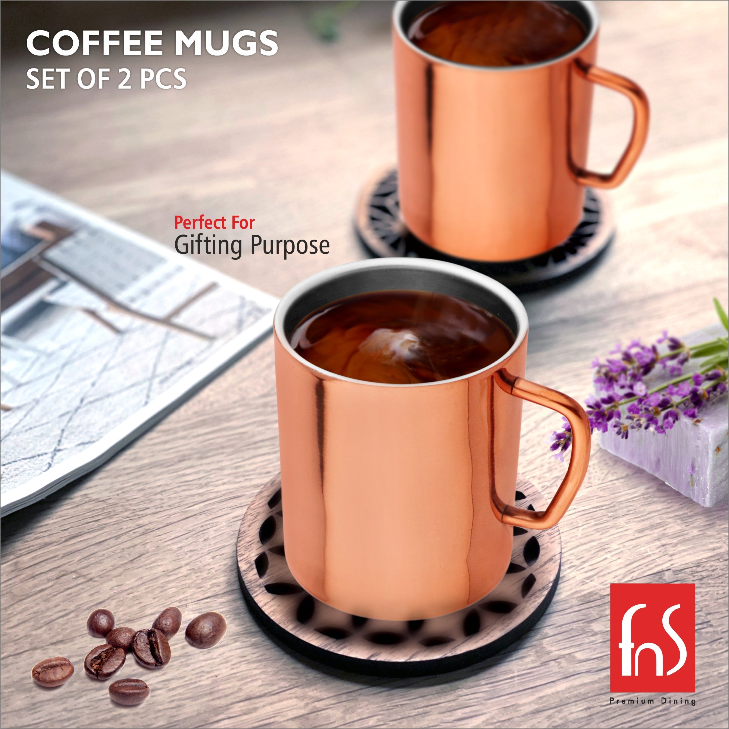 FNS Stainless Steel Coffee Mugs - Double Wall BPA Free - Tea Cup Wide Handle - Rose Gold Pack of 2 Cups
