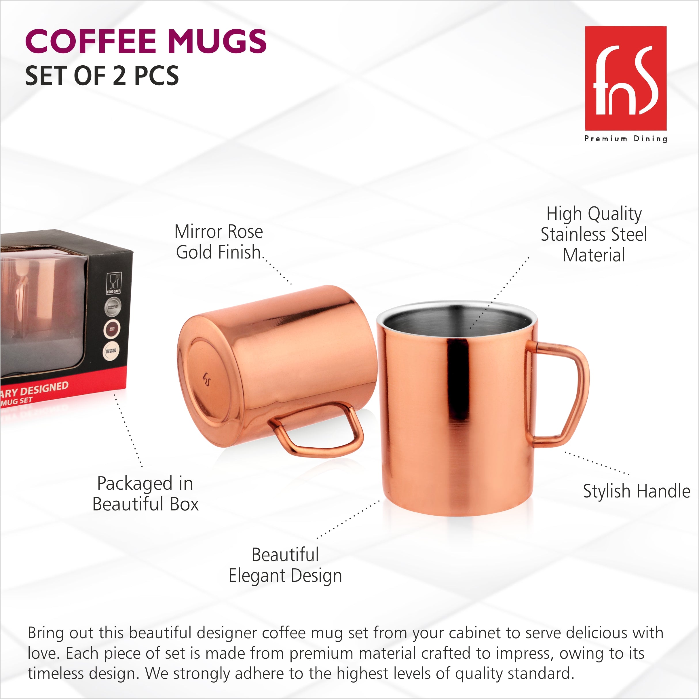 FNS Stainless Steel Coffee Mugs - Double Wall BPA Free - Tea Cup Wide Handle - Rose Gold Pack of 2 Cups