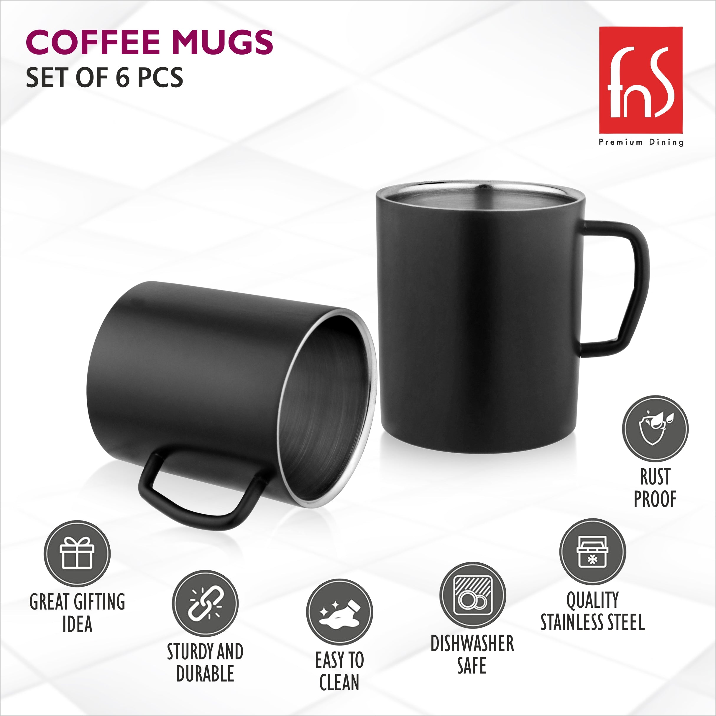 FNS Stainless Steel Coffee Mugs - Double Wall BPA Free, Tea Cup with Wide Handle - Set of 6 Cups, 300 ML, Black, Elegant and Durable Design for Hot and Cold Beverages