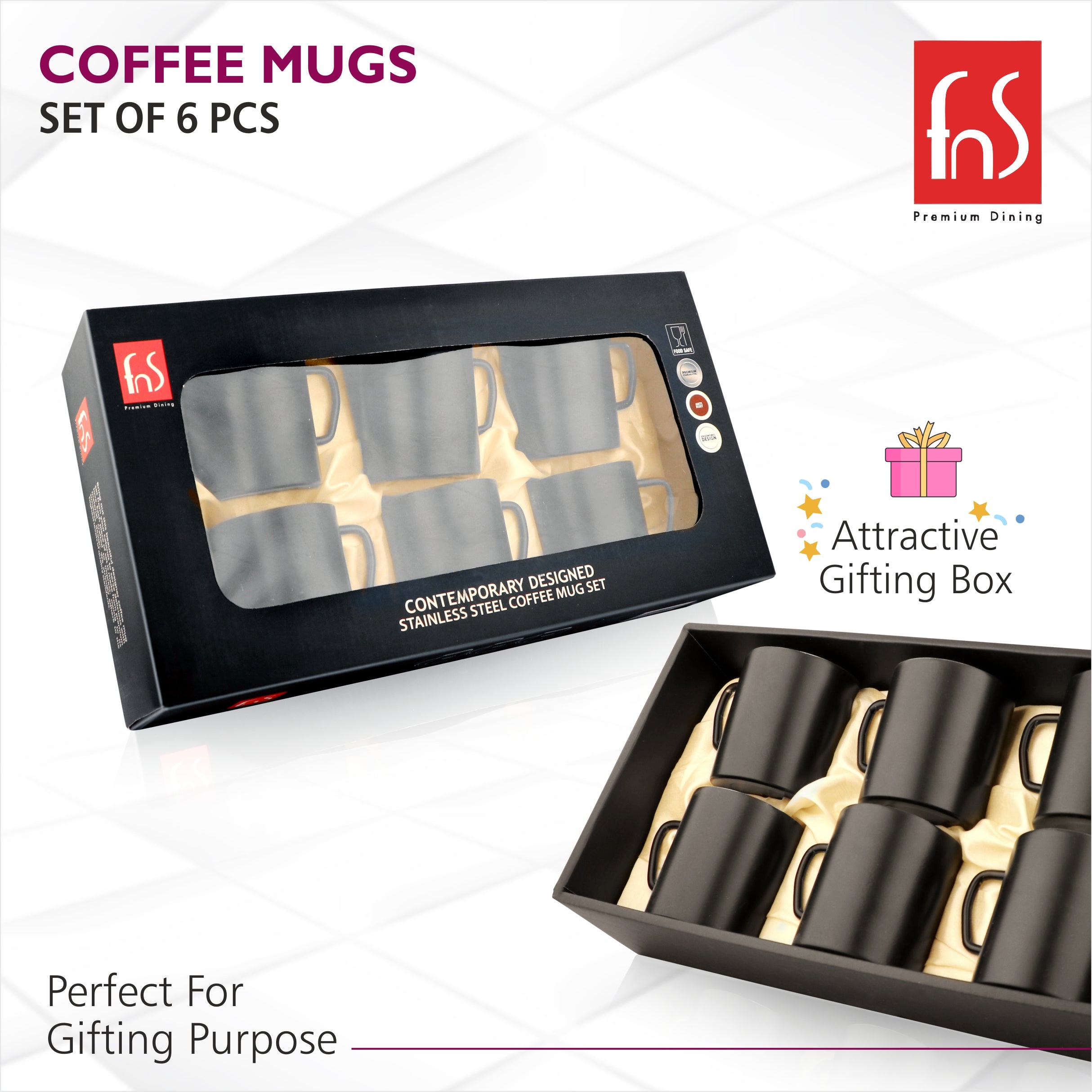 FNS Stainless Steel Coffee Mugs - Double Wall BPA Free, Tea Cup with Wide Handle - Set of 6 Cups, 300 ML, Black, Elegant and Durable Design for Hot and Cold Beverages