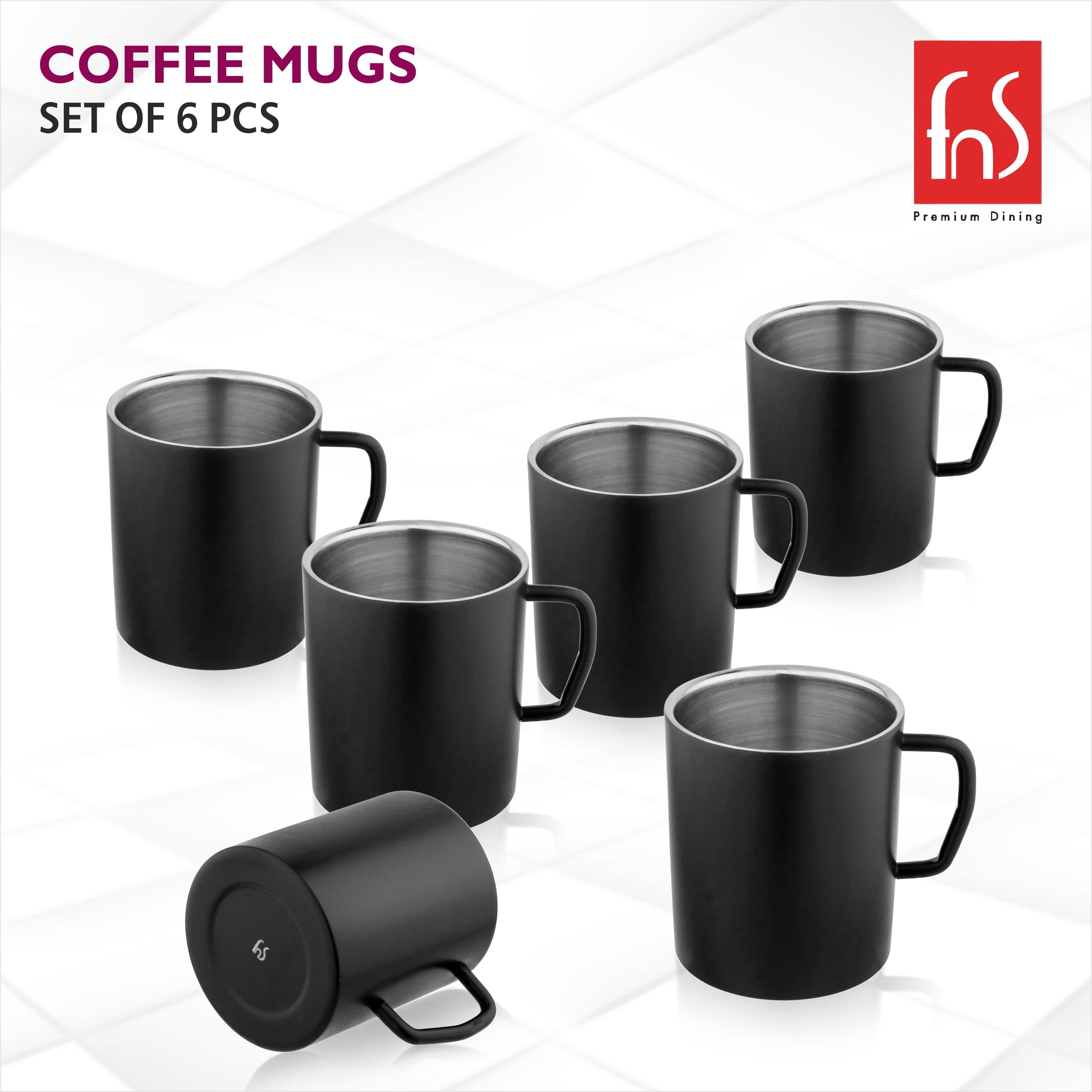 FNS Stainless Steel Coffee Mugs - Double Wall BPA Free, Tea Cup with Wide Handle - Set of 6 Cups, 300 ML, Black, Elegant and Durable Design for Hot and Cold Beverages