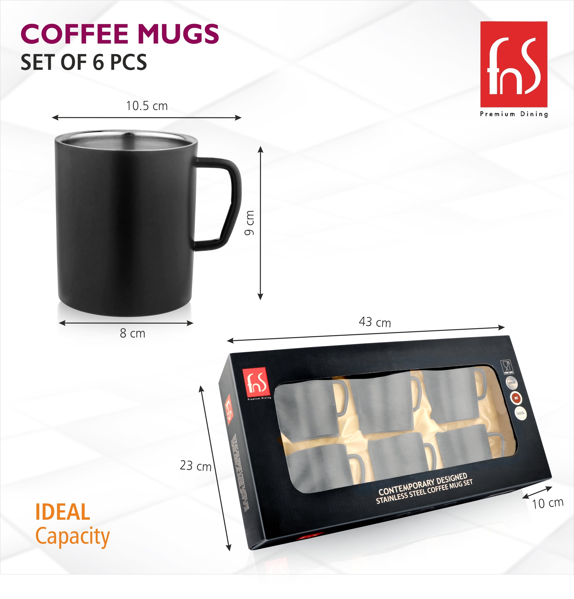 FNS Stainless Steel Coffee Mugs - Double Wall BPA Free, Tea Cup with Wide Handle - Set of 6 Cups, 300 ML, Black, Elegant and Durable Design for Hot and Cold Beverages