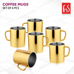 FNS Stainless Steel Coffee Mugs - Double Wall BPA Free, Tea Cups with Wide Handle - Set of 6, 300 ML, Gold, Elegant Design for Hot and Cold Beverages