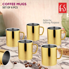 FNS Stainless Steel Coffee Mugs - Double Wall BPA Free, Tea Cups with Wide Handle - Set of 6, 300 ML, Gold, Elegant Design for Hot and Cold Beverages