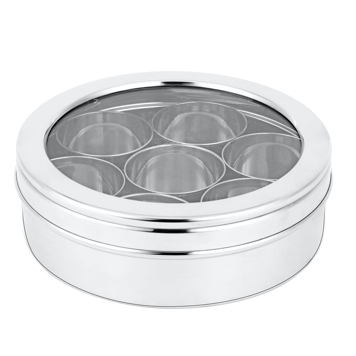 Montavo By FnS Stainless Steel Round Shape Spice Box/Organizer/Container with See Through Lid, 7 Container and 1 Small Spice Spoon (Masala Box)
