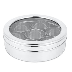 Montavo By FnS Stainless Steel Round Shape Spice Box/Organizer/Container with See Through Lid, 7 Container and 1 Small Spice Spoon (Masala Box)