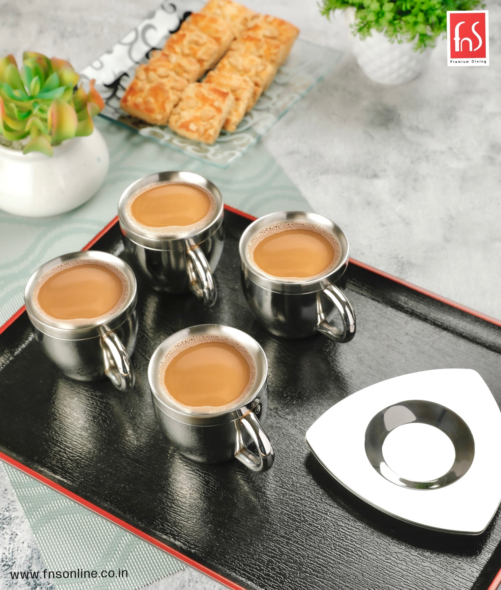 FnS Tea Cup and Saucer Set of 4 Stainless Steel for Gift and Home Decor Double Walled Cup | Unbreakable Cups for Tea and Coffee (Gold, 4 Cups and 4 Saucer)