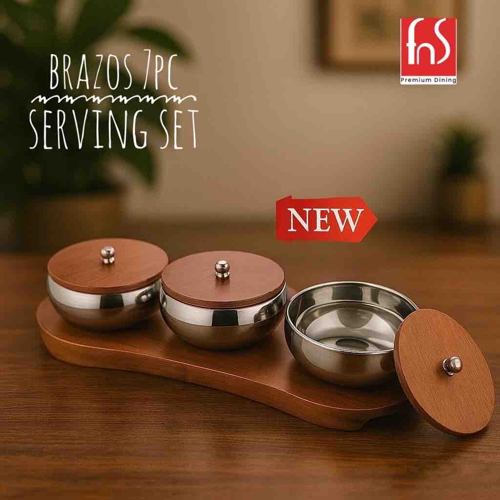 FNS Brazos Stainless Steel Serving Bowl Set of 3 with Wooden Finish Tray & Lids