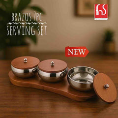 FNS Brazos Stainless Steel Serving Bowl Set of 3 with Wooden Finish Tray & Lids