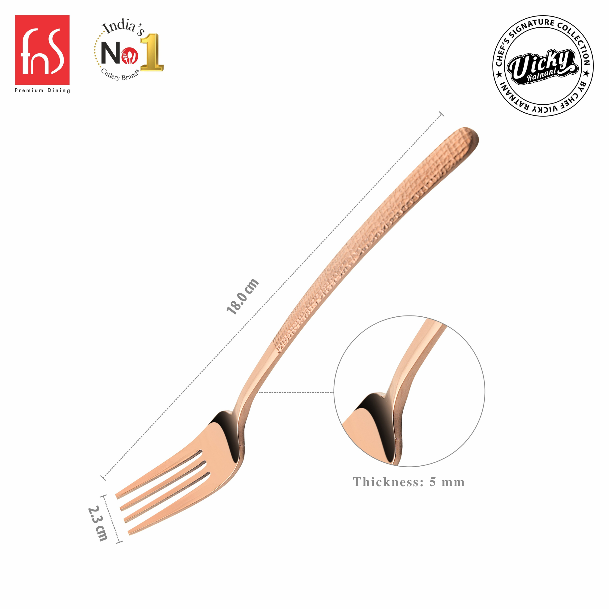 Chef Vicky Ratnani's Signature Collection By FnS Sorrento Rose Gold Stainless Steel Dessert Fork 6 Pcs Set | Premium Textured Handle Design Cutlery for Home, Dining & Kitchen