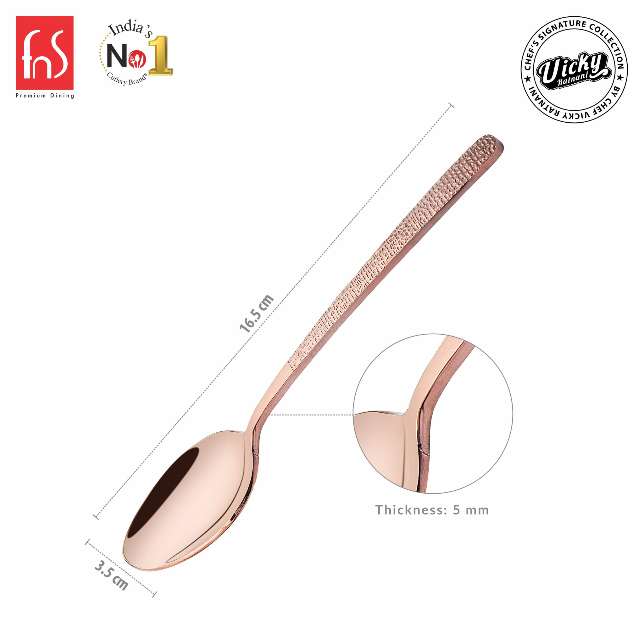 Chef Vicky Ratnani's Signature Collection By FnS Sorrento Rose Gold Stainless Steel Dessert Spoon 6 Pcs Set | Premium Textured Handle Design Cutlery for Home, Dining & Kitchen