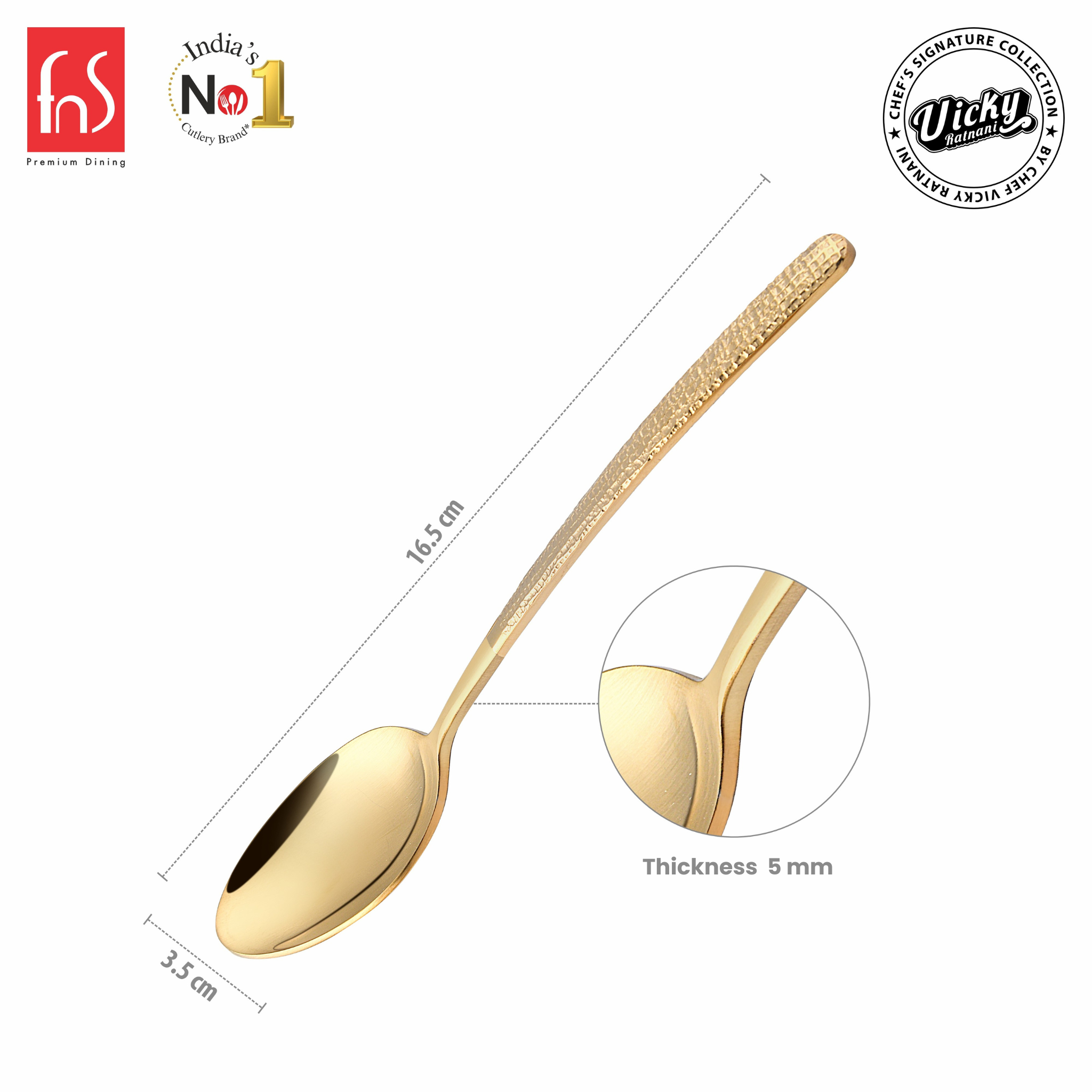 Chef Vicky Ratnani's Signature Collection By FnS Velora Stainless Steel Dessert Spoon 6 Pcs Set | Premium Textured Handle Design Cutlery for Home, Dining & Kitchen