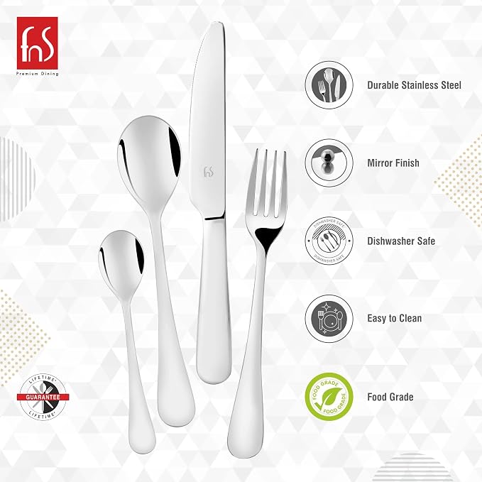 FnS Victoria 24-Pc mirror-finish stainless steel cutlery set showing durable, food-grade and dishwasher-safe features.