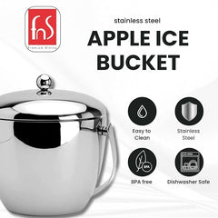 FnS Apple 1.5L double-walled stainless steel ice bucket highlighting BPA-free, dishwasher-safe and easy-clean features.