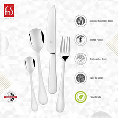 FnS Victoria 24-Pc mirror-finish stainless steel cutlery set showing durable, food-grade and dishwasher-safe features.