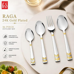 FnS Raga 24K gold plated 24 pcs stainless steel cutlery set with food grade, rust proof and dishwasher safe finish.