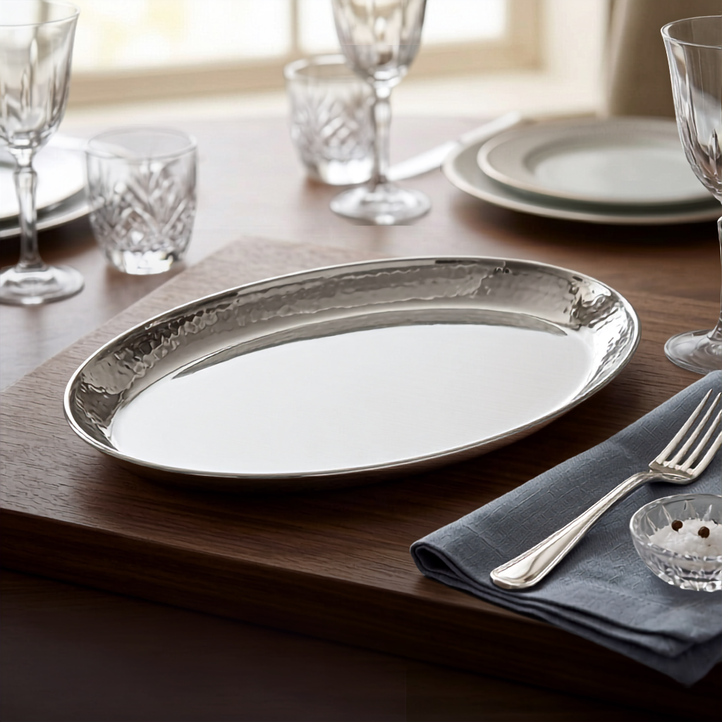 FnS Stainless Steel Oval Deep Platter with hammered finish displayed on a premium dining table for elegant serving.
