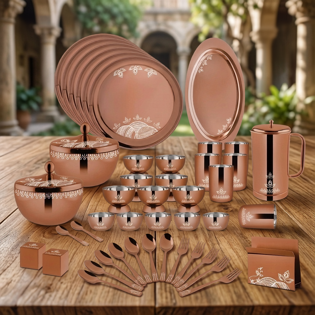 FnS Gond Rose Gold Dinner Set with 12 plates, 12 katoris, bowls, tray, spoons, pitcher and glasses.