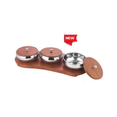 FNS Brazos Stainless Steel Serving Bowl Set of 3 with Wooden Finish Tray & Lids
