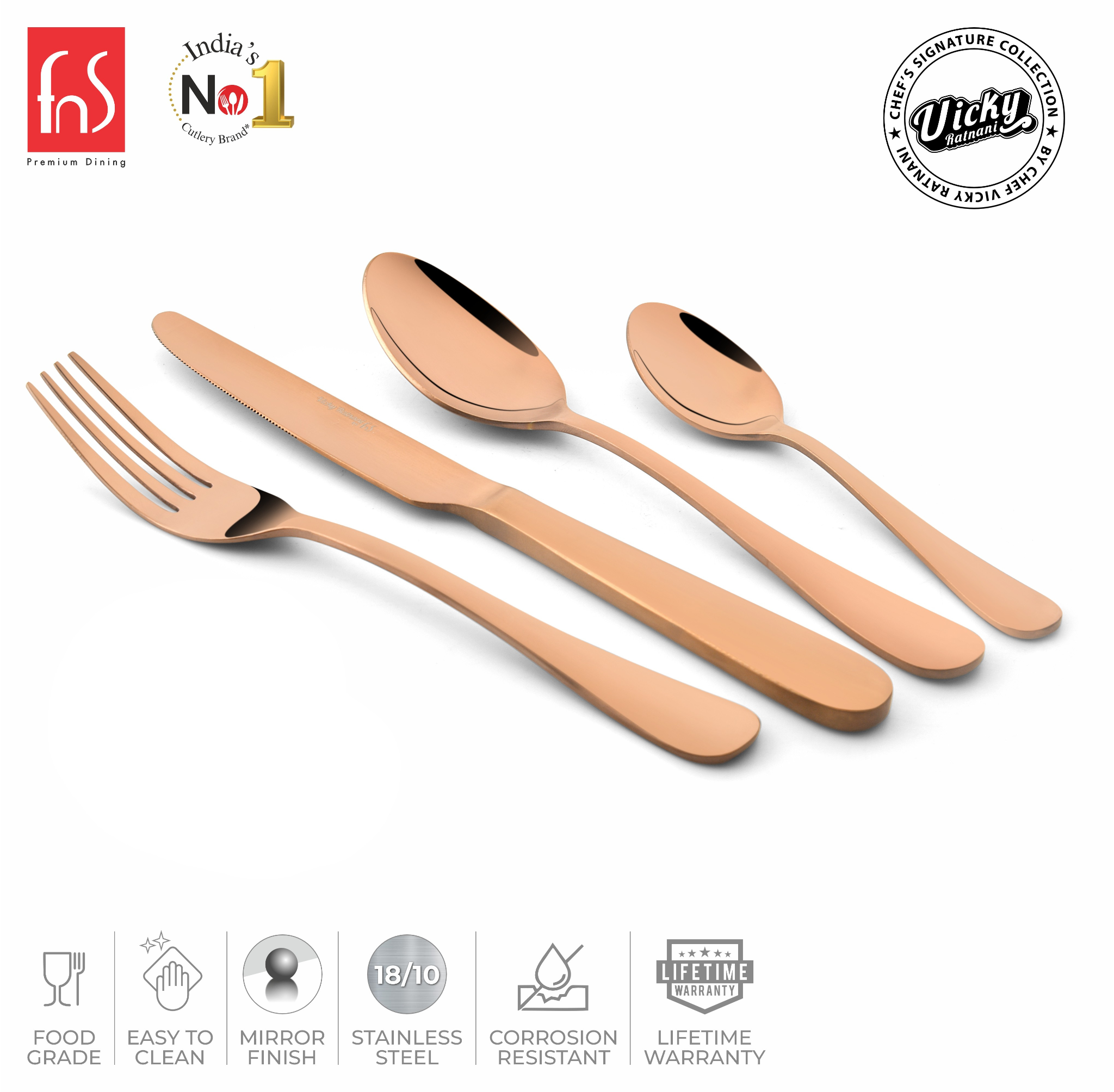 Chef Vicky Ratnani's Signature Collection By FnS Livo Rose Gold Stainless Steel 24 Pcs Cutlery Set with Box Pack | 6 Dinner Spoon, 6 Dinner Fork, 6 Dinner Knife/Butter Knife, 6 Teaspoon