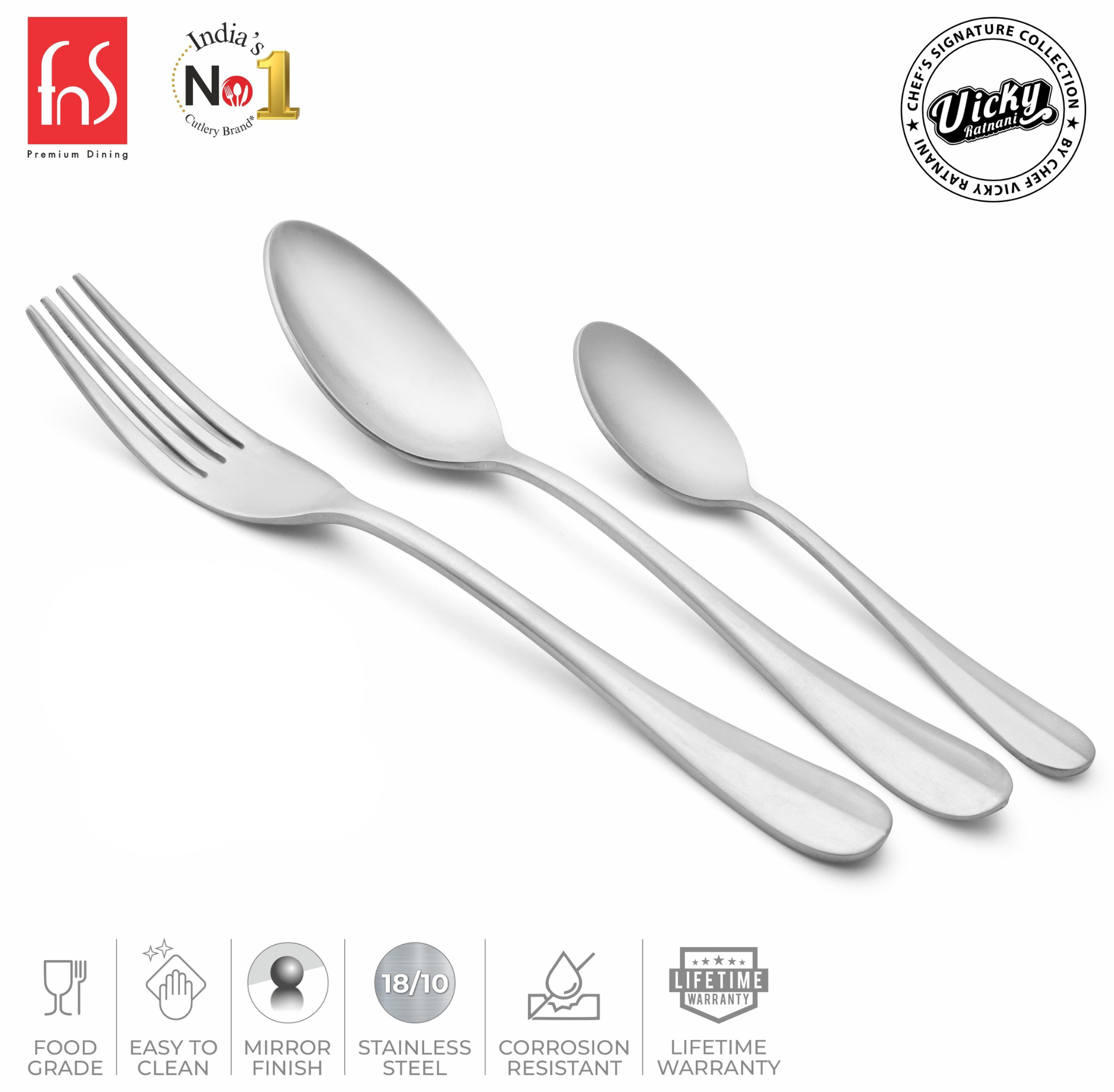 Chef Vicky Ratnani's Signature Collection By FnS Antico Stainless Steel 18 Pcs Cutlery Set with Box Pack | 6 Dinner Spoons, 6 Dinner Forks, 6 Tea Spoons | Premium classic elegance Handle Design Cutlery for Home, Dining & Kitchen