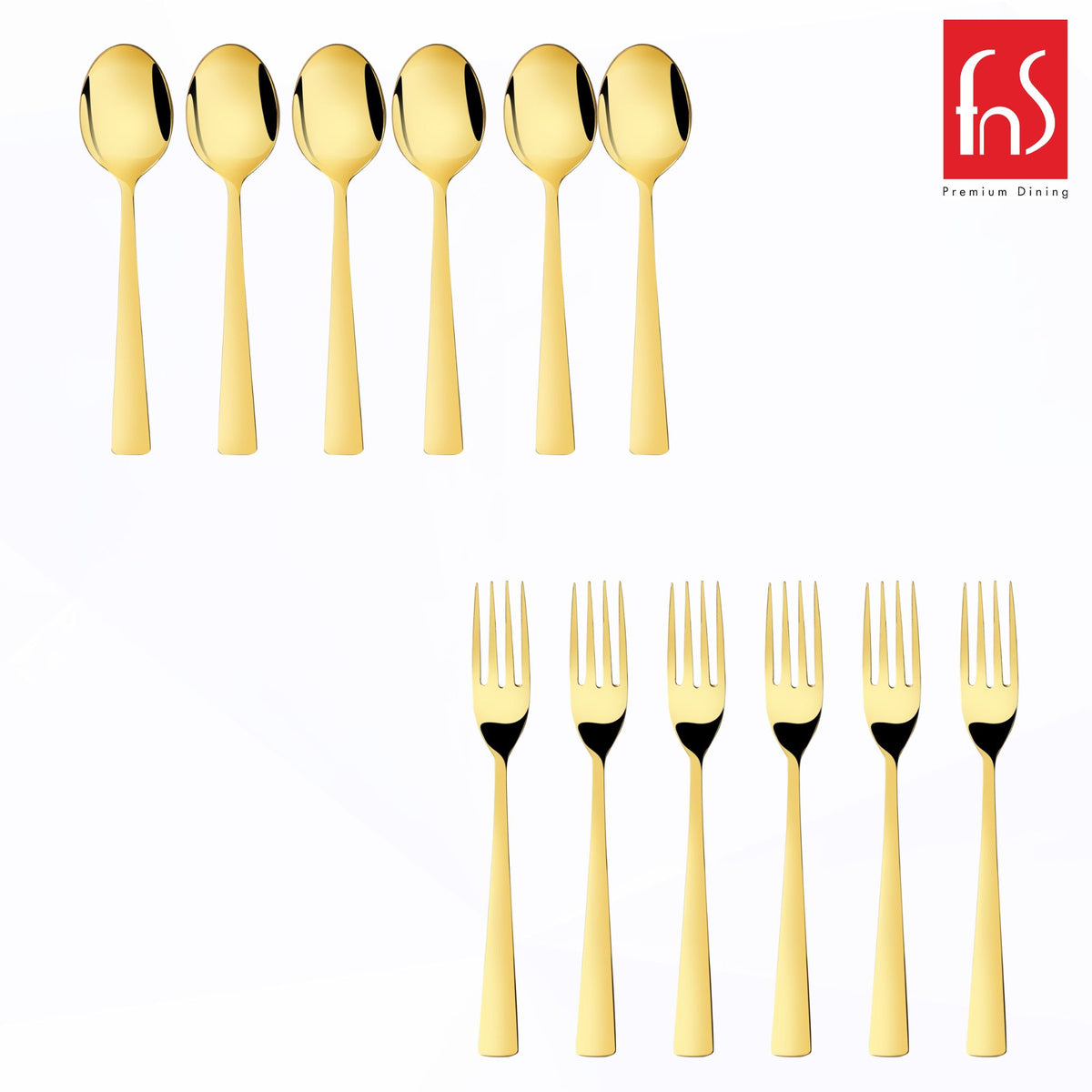 Montavo by FnS Alexa Gold Stainless Steel 12 Pcs Cutlery Set with six spoons and six forks in elegant PVD gold finish.
