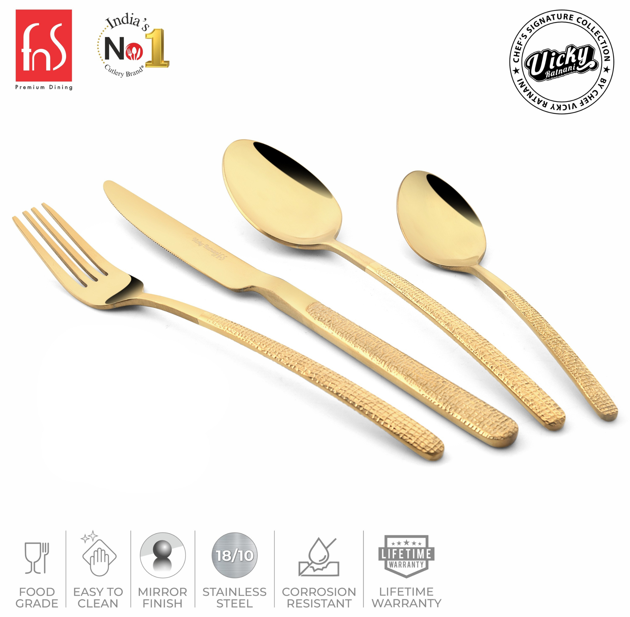 Chef Vicky Ratnani's Signature Collection By FnS Velora Stainless Steel 24 Pcs Cutlery Set with Box Pack | 6 Dinner Spoon, 6 Dinner Fork, 6 Dinner Knife/Butter Knife, 6 Teaspoon | Premium Textured Handle Design Cutlery for Home, Dining & Kitchen