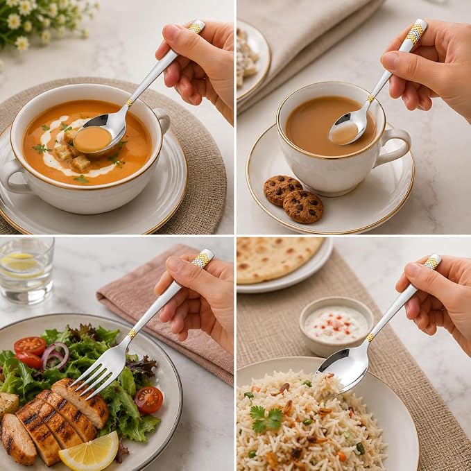 FnS Raga 24-Pc 24K Gold Plated Stainless Steel Cutlery Set with Hanging Stand