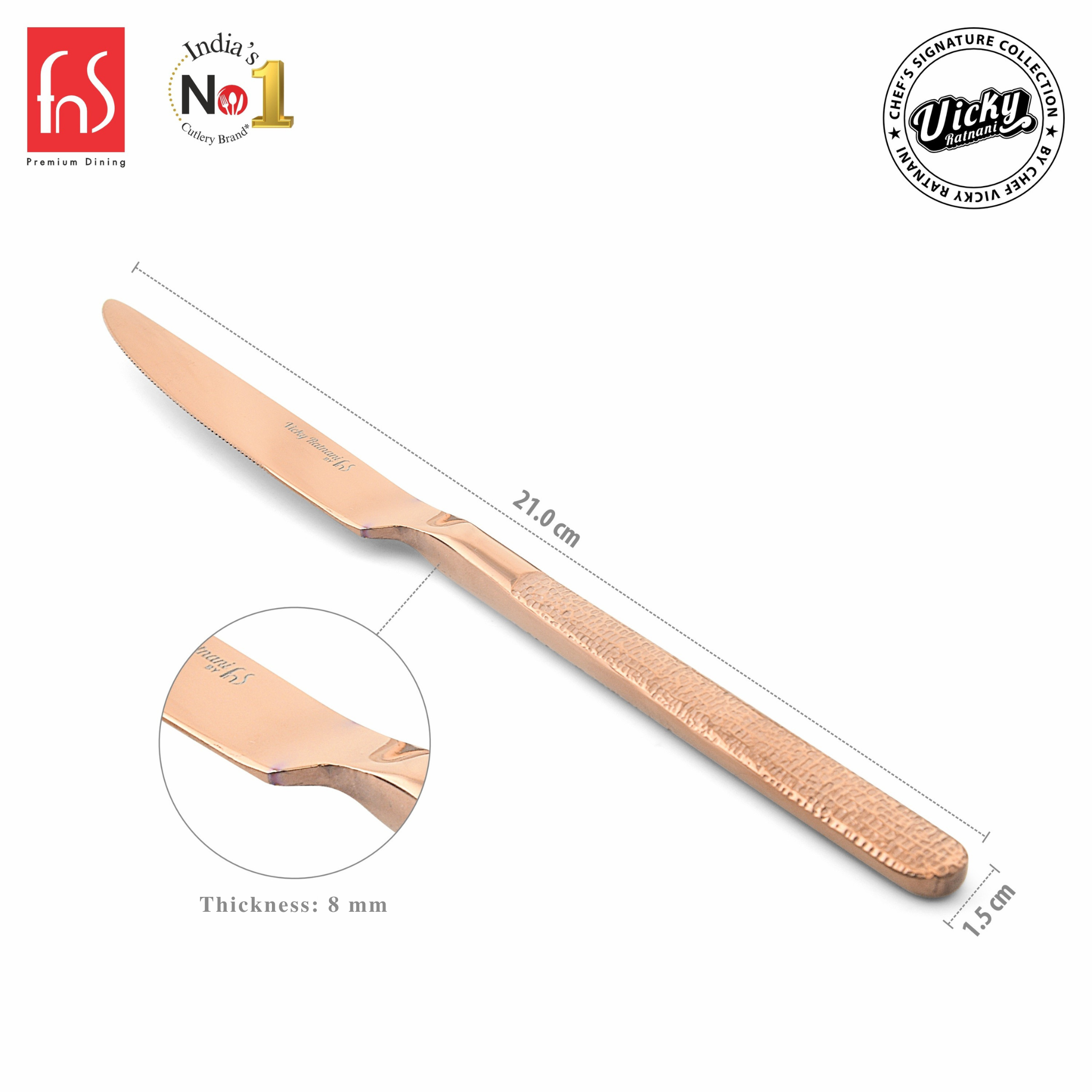 Chef Vicky Ratnani's Signature Collection By FnS Sorrento Rose Gold Dessert Knife/Dinner knife/Butter knife 2 Pcs Set | Premium Textured Handle Design Cutlery for Home, Dining & Kitchen