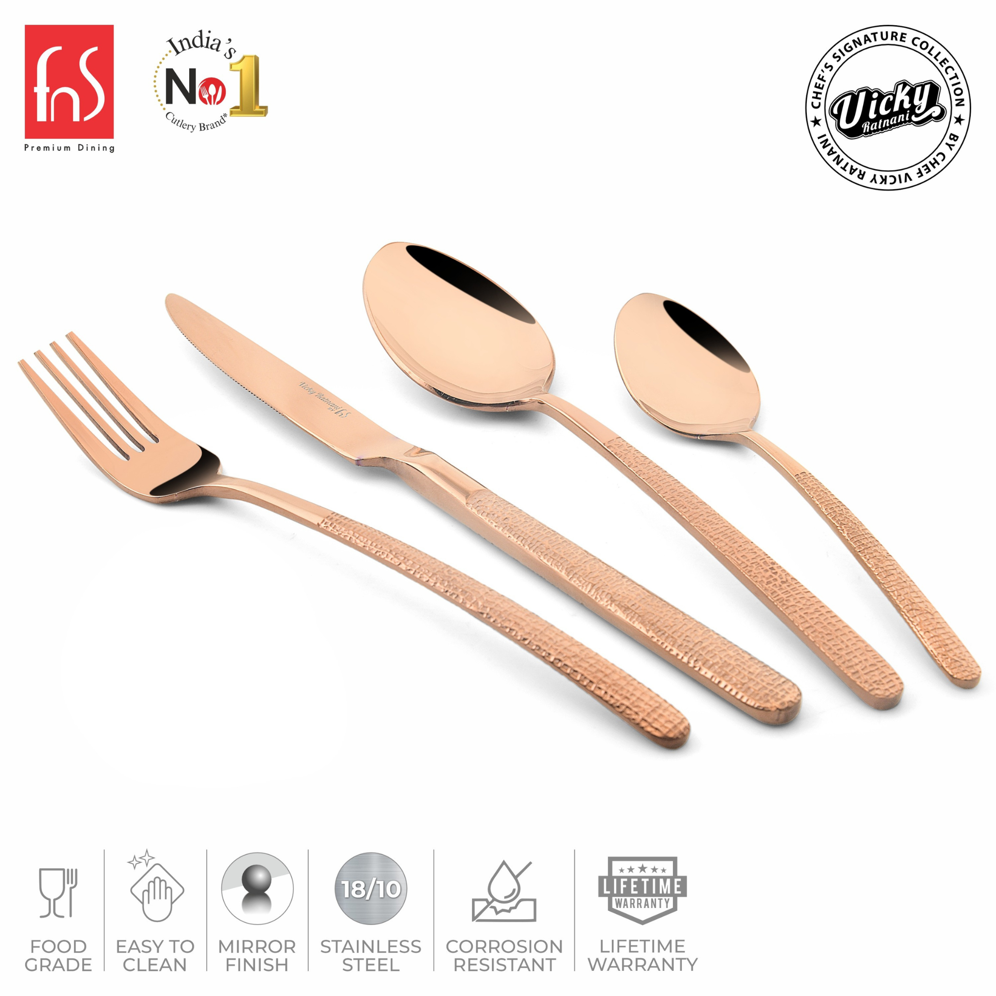 Chef Vicky Ratnani's Signature Collection By FnS Sorrento Rose Gold Stainless Steel 24 Pcs Cutlery Set with Box Pack | 6 Dinner Spoon, 6 Dinner Fork, 6 Dinner Knife/Butter Knife, 6 Teaspoon