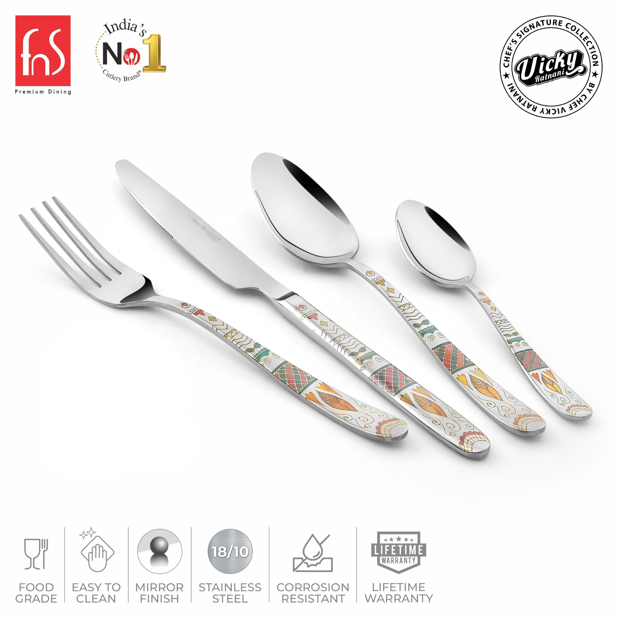 Chef Vicky Ratnani’s Signature Collection By FnS Wales Stainless Steel 18 Pcs Cutlery Set with Box Pack | 6 Dinner Spoons, 6 Dinner Forks, 6 Tea Spoons