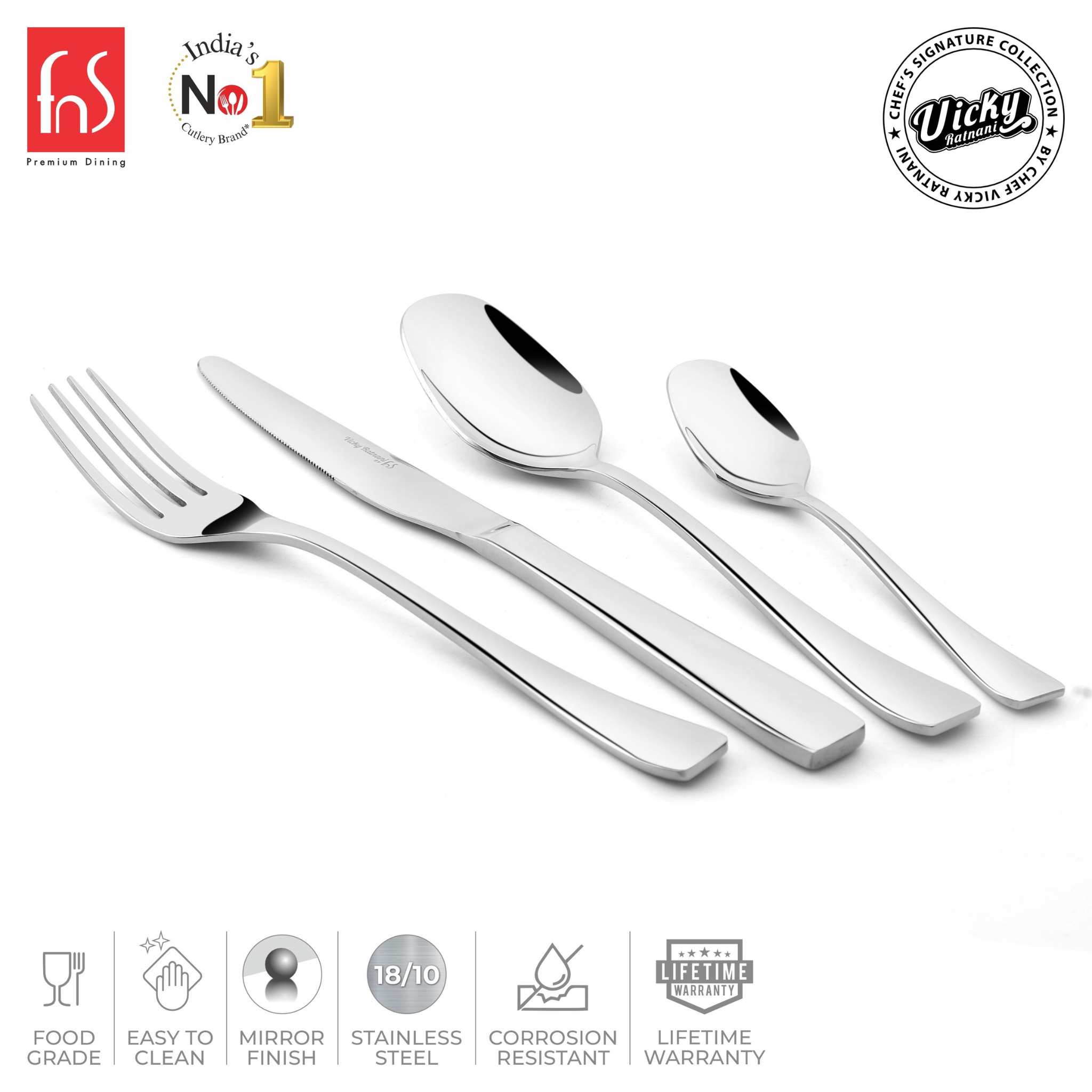 Chef Vicky Ratnani's Signature Collection By FnS Nexa Stainless Steel 24 Pcs Cutlery Set with Box Pack | 6 Dinner Spoon, 6 Dinner Fork, 6 Dinner Knife/Butter Knife, 6 Teaspoon | Premium sleek contemporary Handle Design Cutlery for Home, Dining & Kitchen
