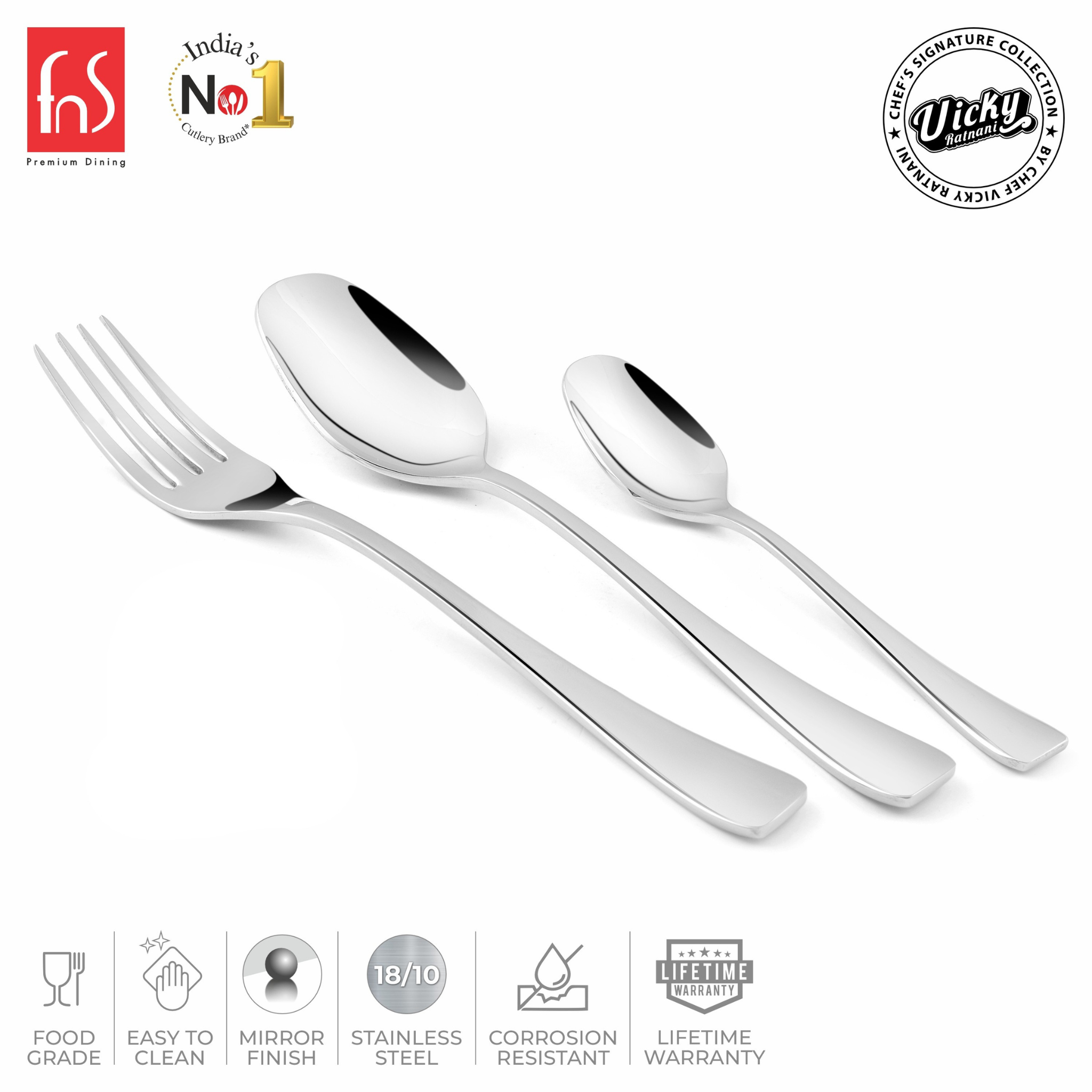 Chef Vicky Ratnani's Signature Collection By FnS Nexa Stainless Steel 18 Pcs Cutlery Set with Box Pack | 6 Dinner Spoons, 6 Dinner Forks, 6 Tea Spoons | Premium sleek contemporary Handle Design Cutlery for Home, Dining & Kitchen