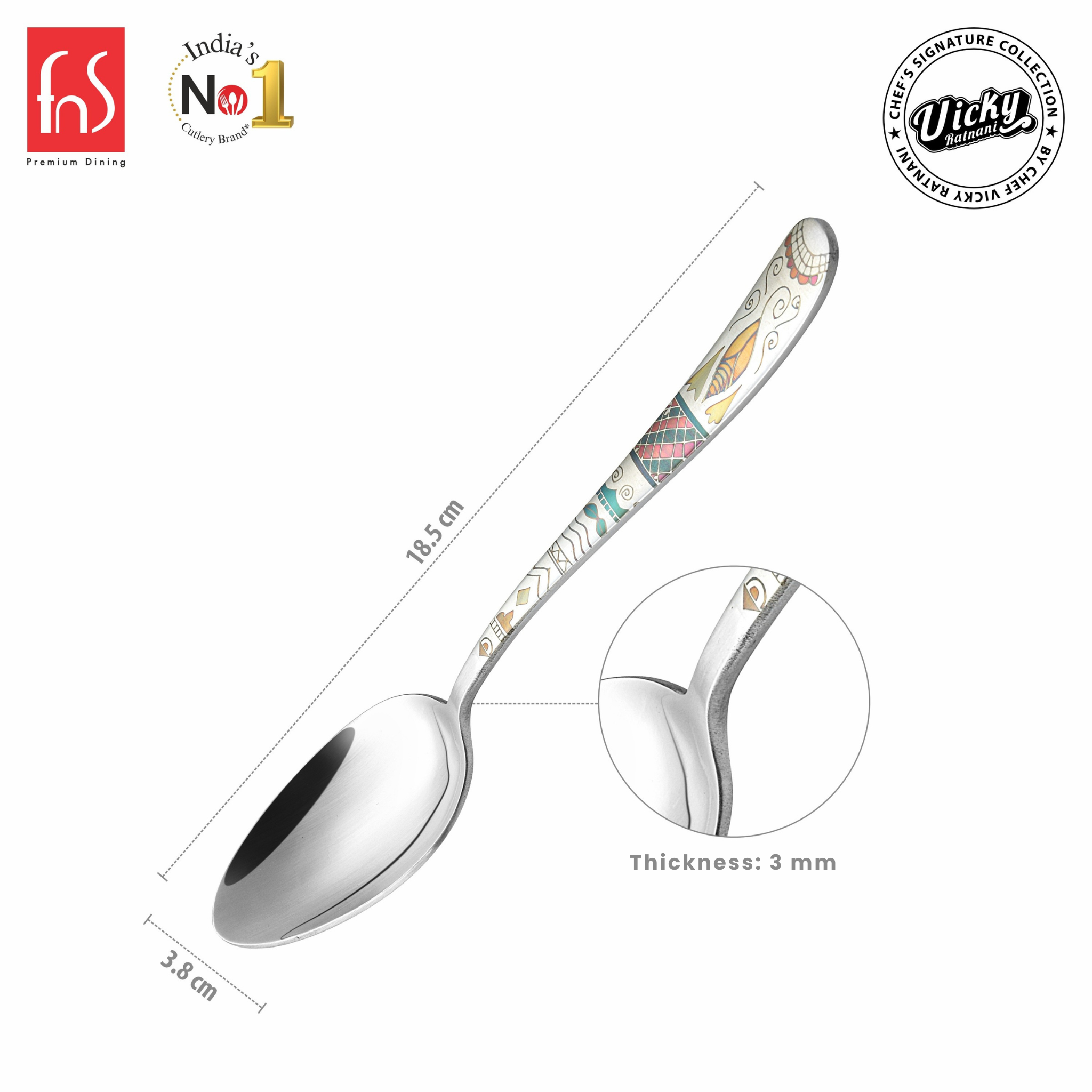 Chef Vicky Ratnani's Signature Collection By FnS Wales Stainless Steel Dessert Spoon 6 Pcs Set | Premium artistic & contemporary craftsmanship detailing Handle Design Cutlery for Home, Dining & Kitchen