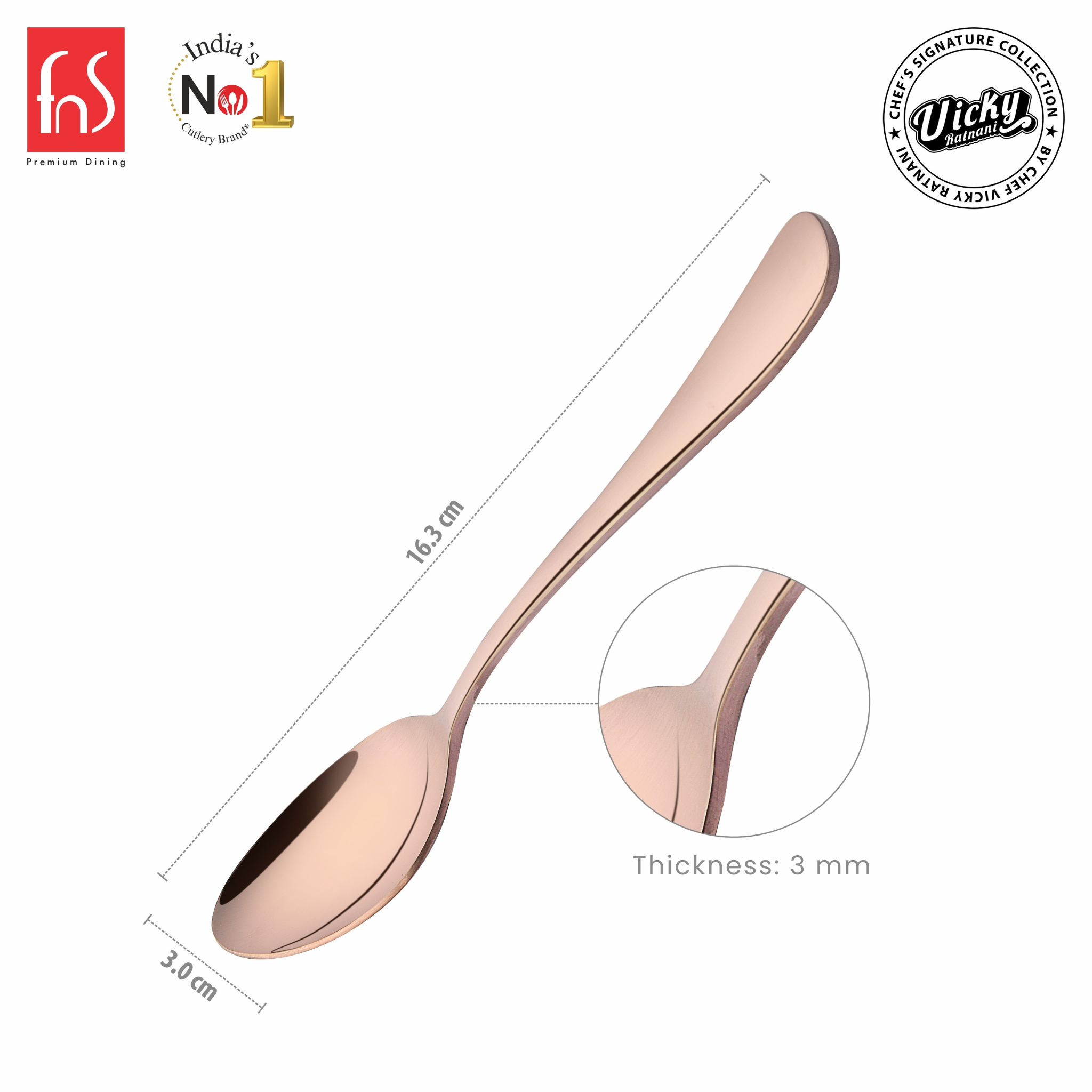 Chef Vicky Ratnani's Signature Collection By FnS Livo Rose Gold Stainless Steel Dessert Spoon 6 Pcs Set | Premium refined finish Handle Design Cutlery for Home, Dining & Kitchen