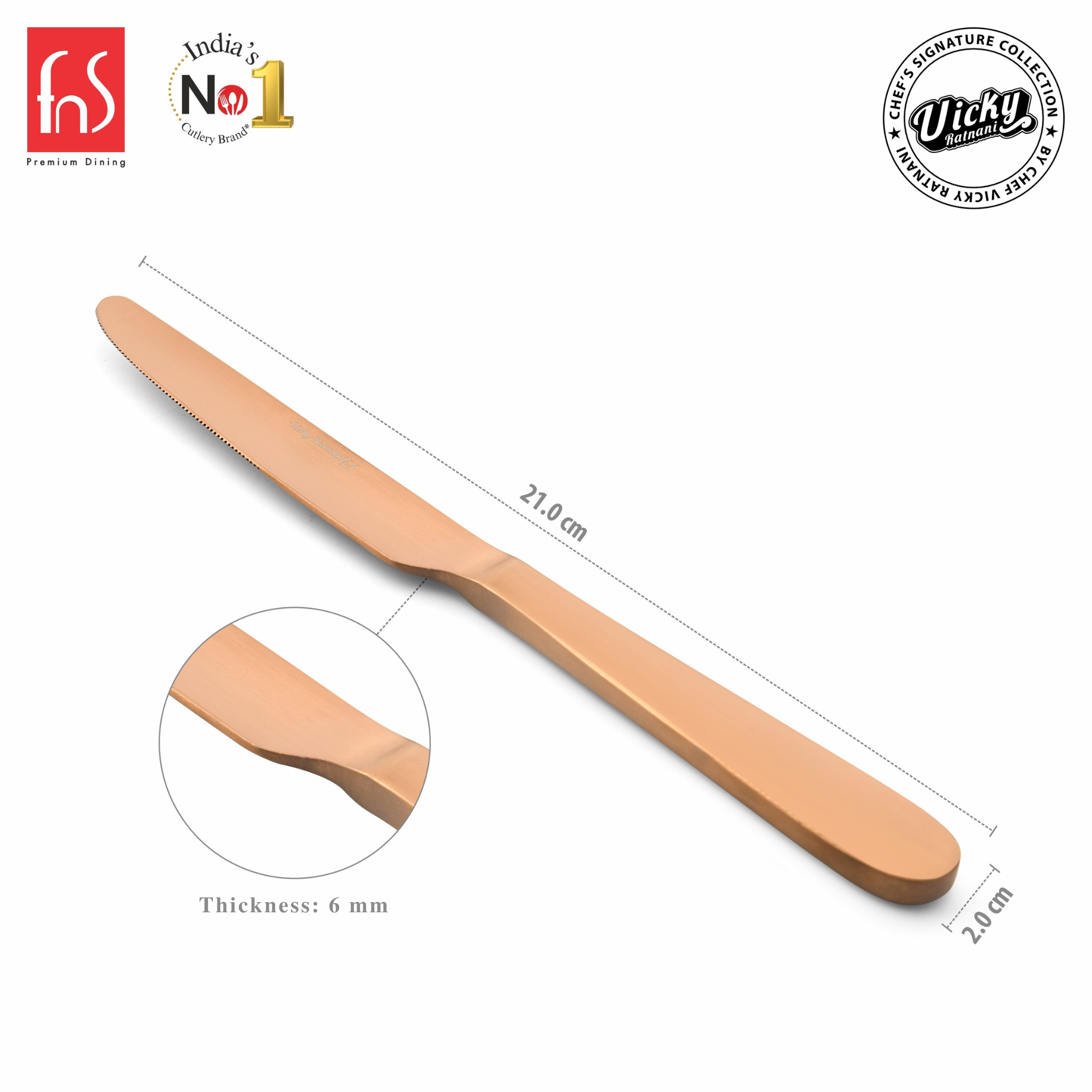 Chef Vicky Ratnani's Signature Collection By FnS Livo Rose Gold Dessert Knife/Dinner knife/Butter knife 2 Pcs Set | Premium refined finish Handle Design Cutlery for Home, Dining & Kitchen