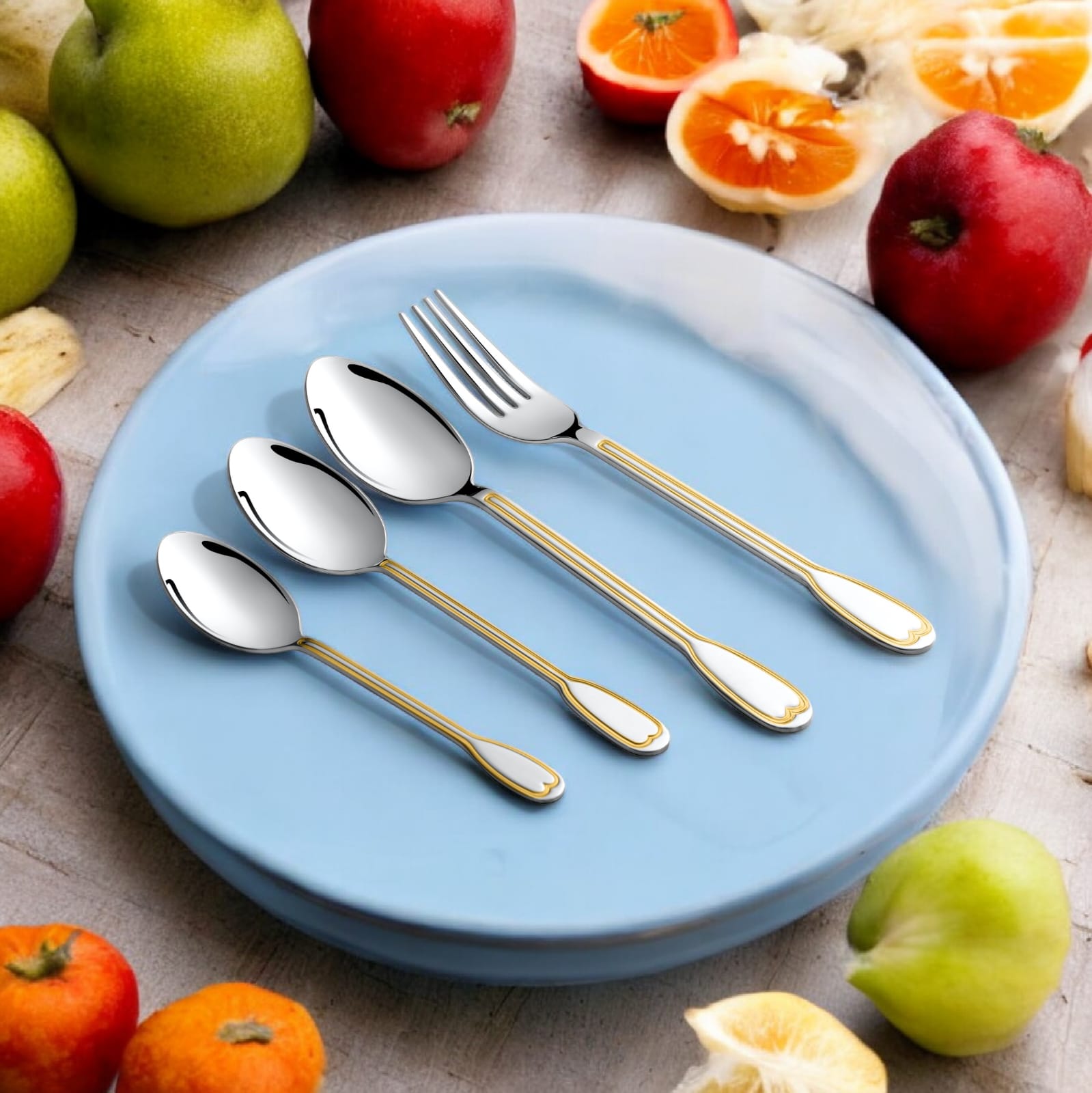 FnS Fano 24 Karat Gold Plated on Handle Stainless Steel 24 Pc Cutlery Set with Hanging Stand (6 Dinner Spoons, 6 Dinner Fork & 6 Teaspoons, 6 Baby Spoon)