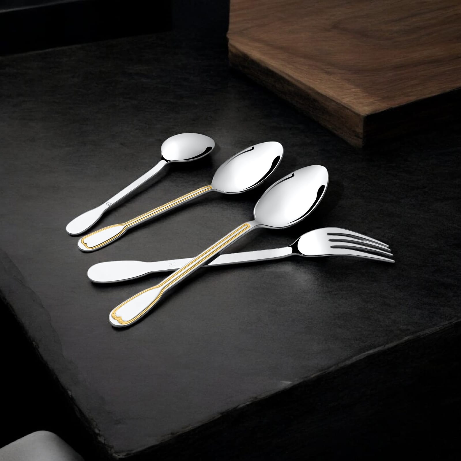 FnS Fano 24 Karat Gold Plated on Handle Stainless Steel 24 Pc Cutlery Set with Hanging Stand (6 Dinner Spoons, 6 Dinner Fork & 6 Teaspoons, 6 Baby Spoon)