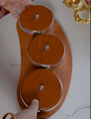 FNS Brazos Stainless Steel Serving Bowl Set of 3 with Wooden Finish Tray & Lids