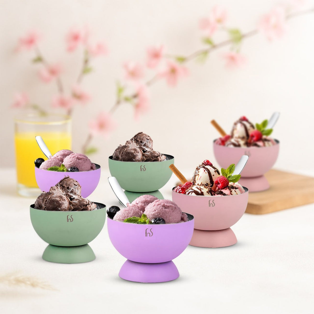 FnS Mellora Multi Color Dessert Bowl Set of 6 Bowl & Spoon for Ice Cream