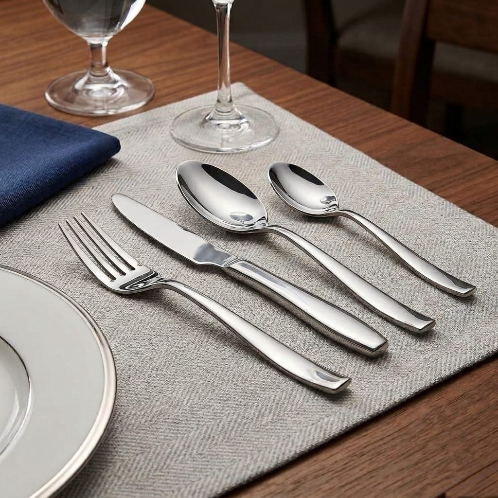 FNS Beau stainless steel cutlery set with dinner fork, knife, tablespoon, and teaspoon arranged on an elegant dining table.