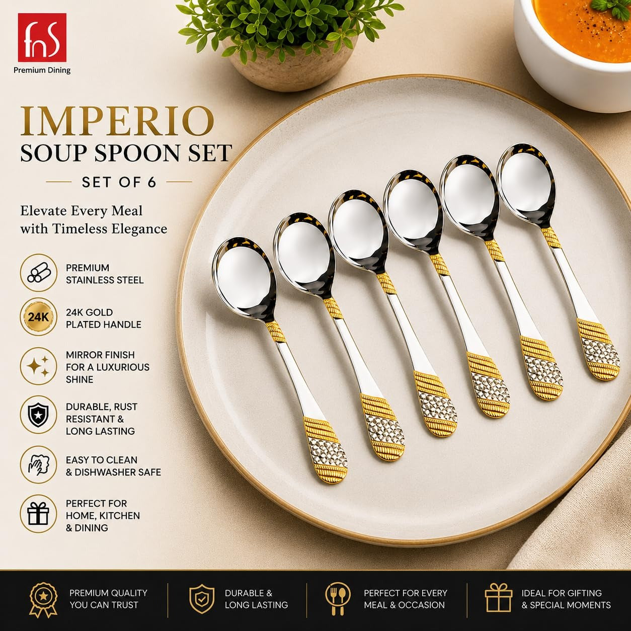 FnS Imperio 6-piece 24K gold-plated stainless steel soup spoon set displayed with key features on a premium beige layout.