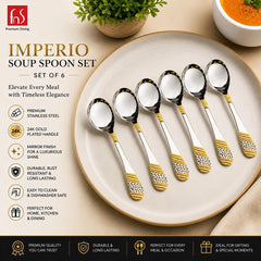 FnS Imperio 6-piece 24K gold-plated stainless steel soup spoon set displayed with key features on a premium beige layout.