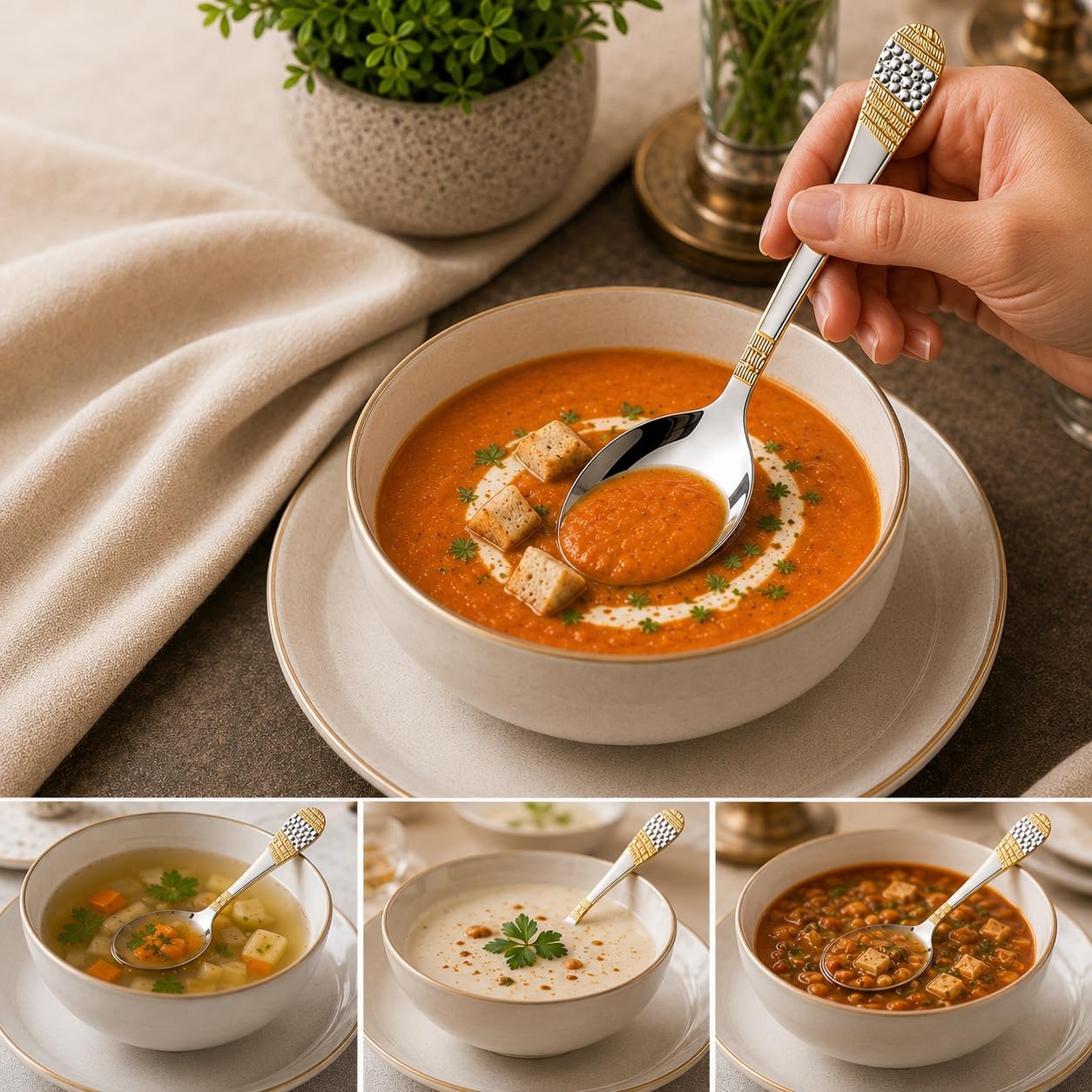 FnS Imperio 24K gold-plated stainless steel soup spoon shown serving tomato soup, with three additional soup-use scenes.