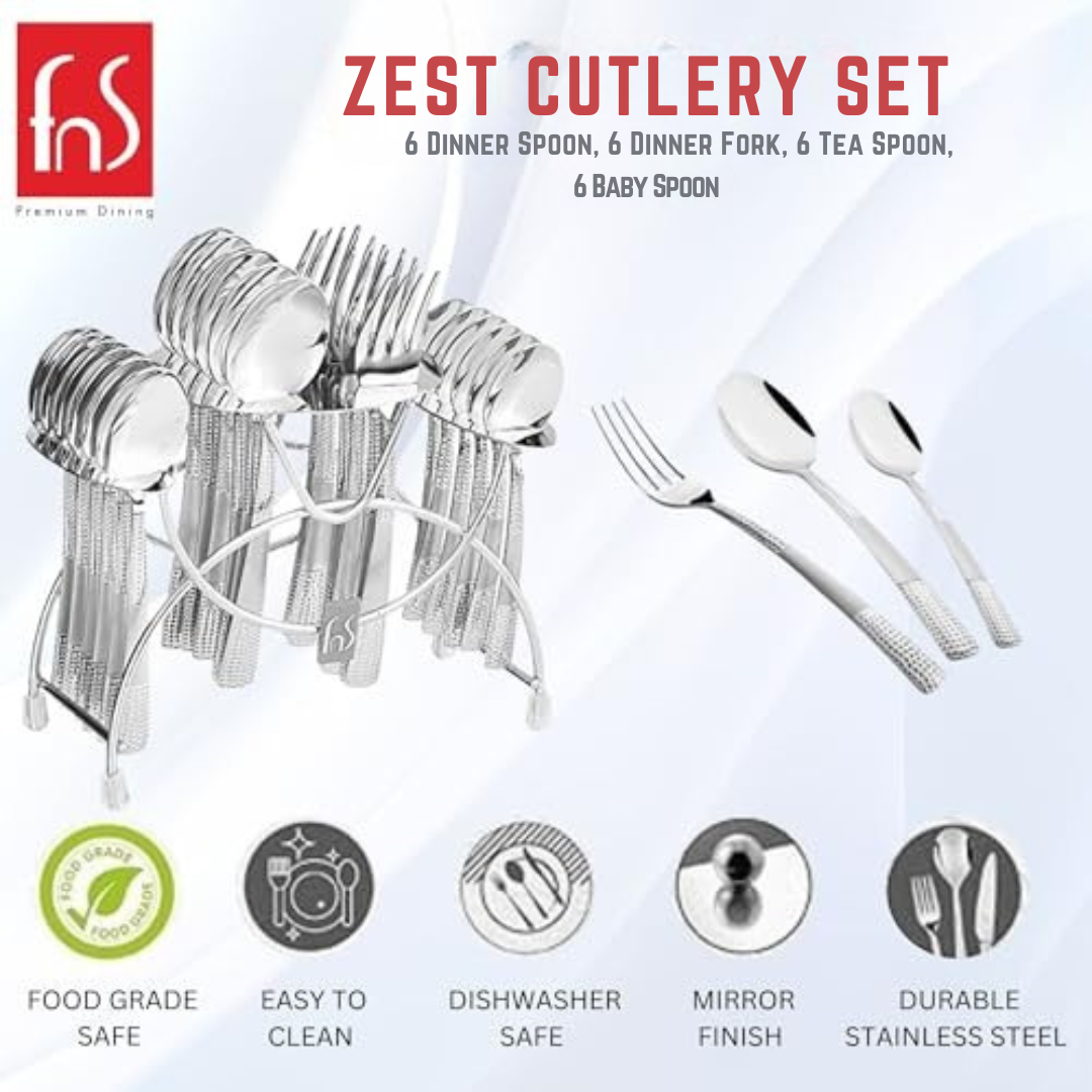 FnS 24 pcs Stainless Steel Zest Cutlery Set with Stand featuring food-grade safe, dishwasher safe, easy to clean and mirror finish.
