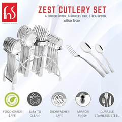FnS 24 pcs Stainless Steel Zest Cutlery Set with Stand featuring food-grade safe, dishwasher safe, easy to clean and mirror finish.

